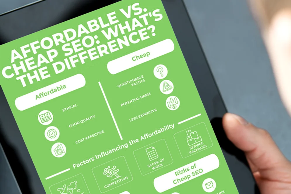 Infographic comparing affordable SEO and cheap SEO services in Ireland, highlighting ethical, quality-focused strategies by Affordable Websites Dublin