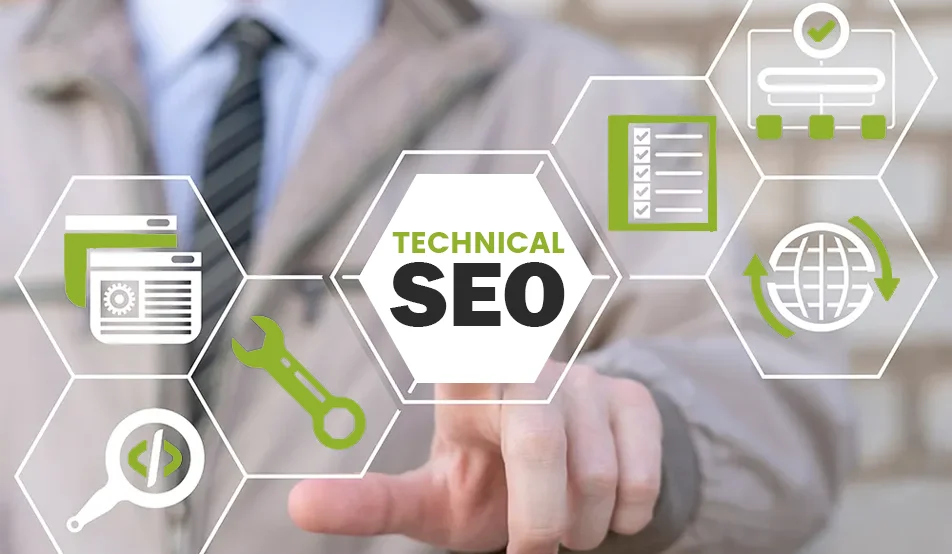 Technical SEO tips for small business owners in Dublin featuring SEO icons and digital tools by Affordable Websites Ireland