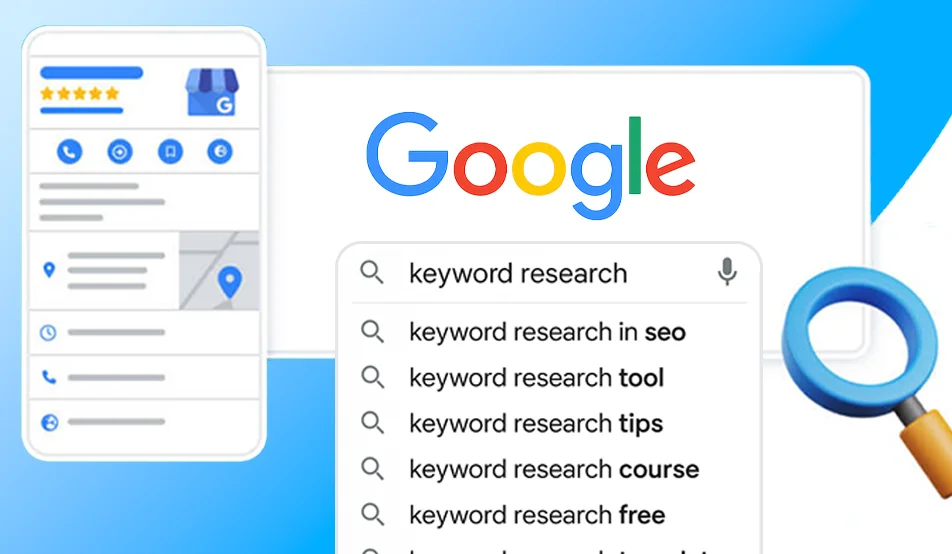 Keyword research illustration showing Google search suggestions and local SEO elements for small businesses in Dublin